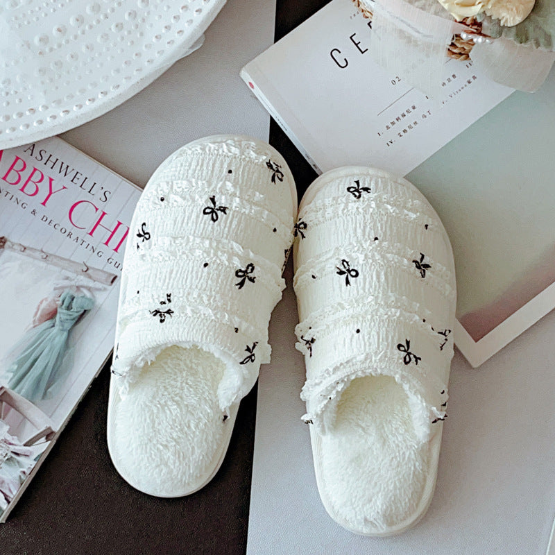 Coquette Ribbon Kisses on Cream Clouds Cotton Slippers