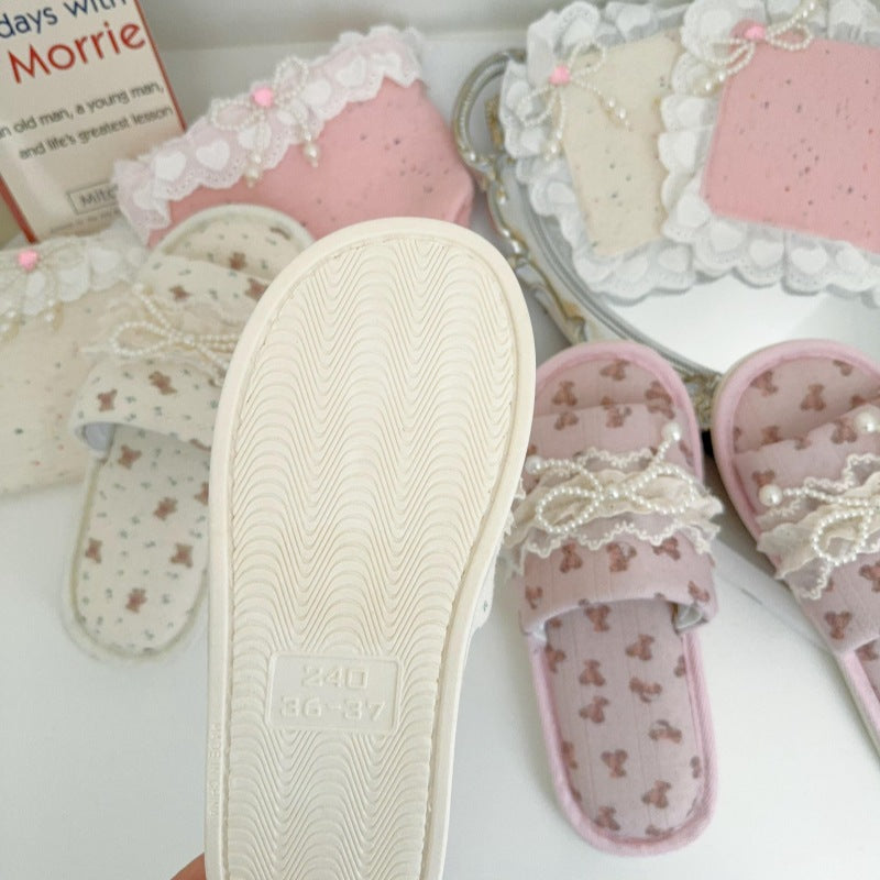 Coquette Teddy and Pearly Lace Bows Slippers