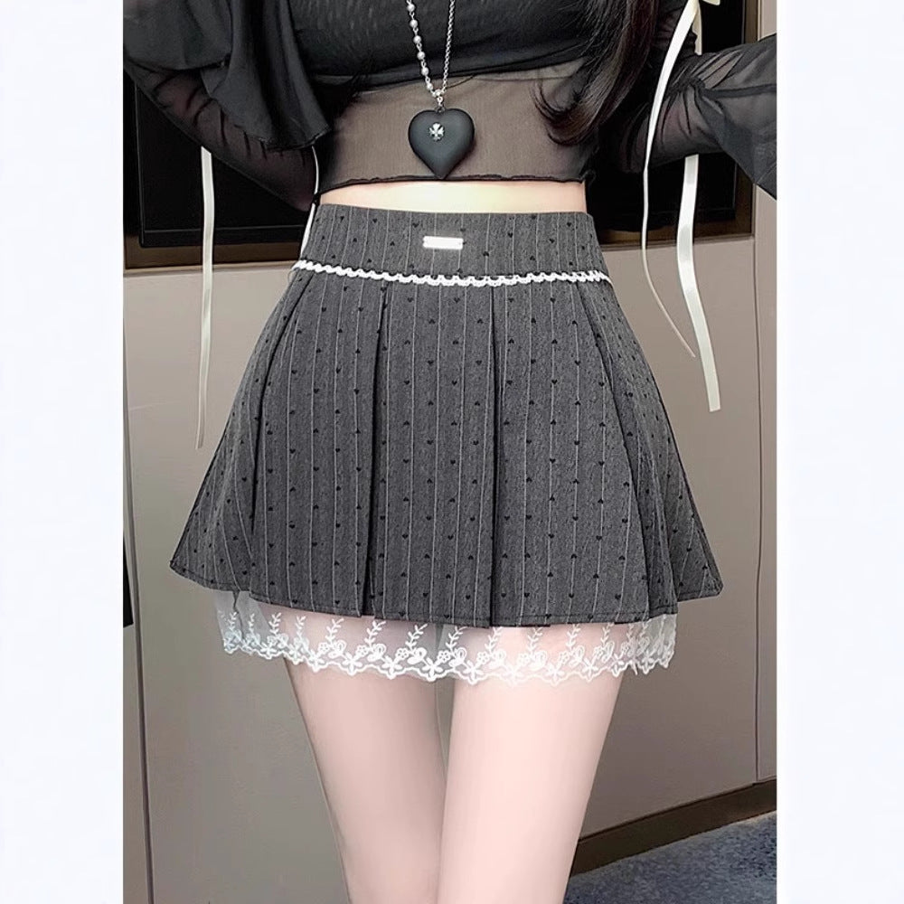 Lace Trim Polka Dot Pleated Mini Skirt