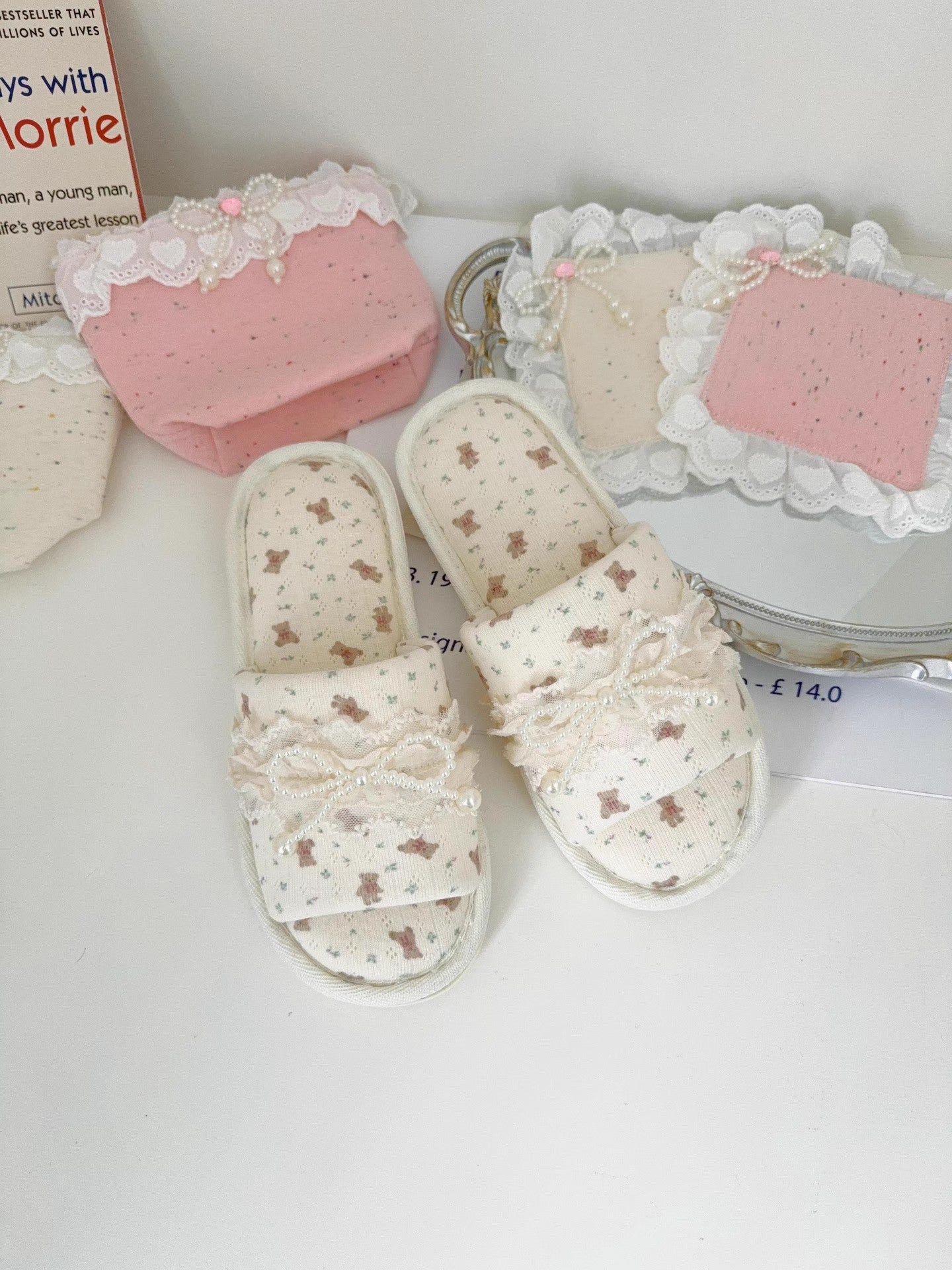 Coquette Teddy and Pearly Lace Bows Slippers