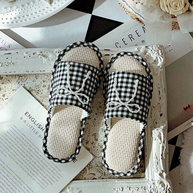 Coquette Vintage Check with Pearly Ribbon Slippers