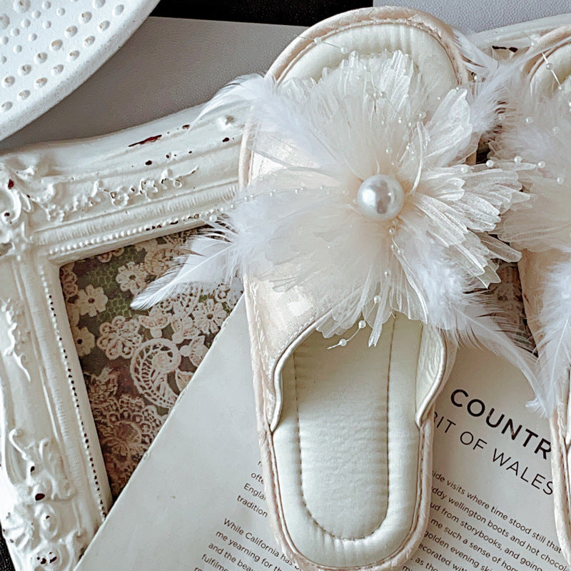 Coquette When Pearls Bloom on Feathers Slippers