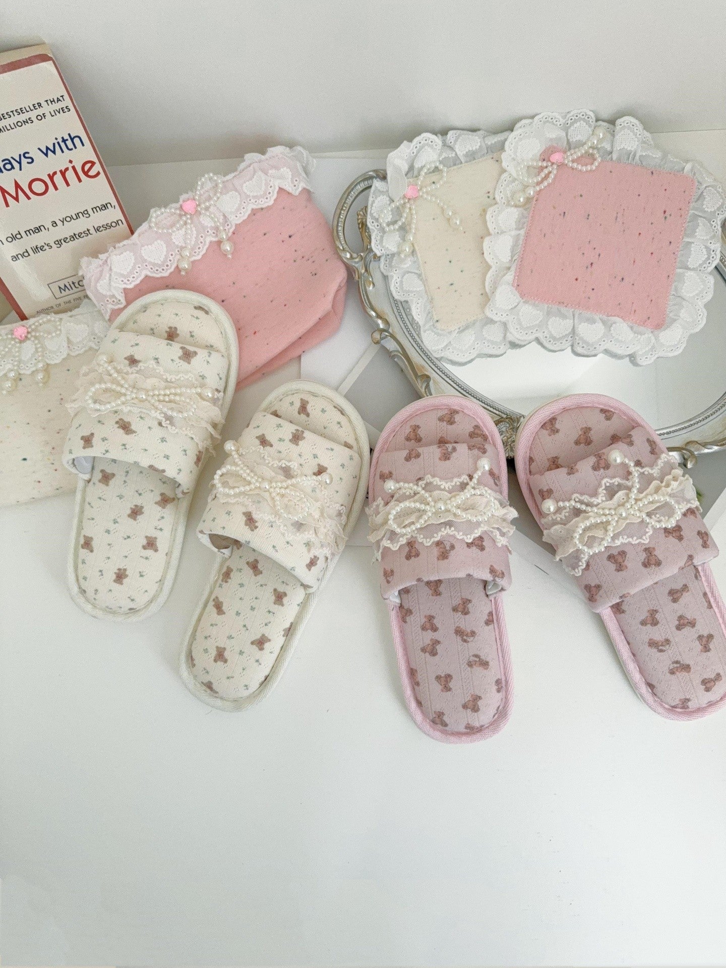 Coquette Teddy and Pearly Lace Bows Slippers