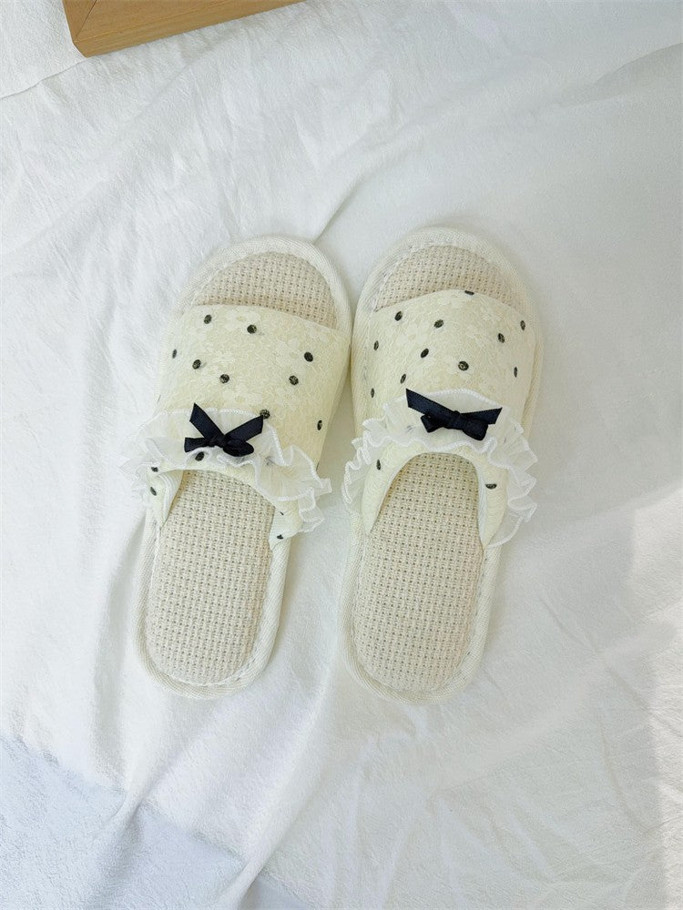 Coquette Polka Dot Ruffles and Midnight Bows Slippers