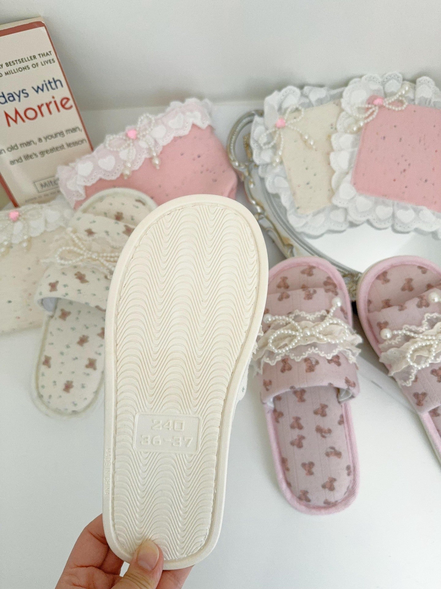 Coquette Teddy and Pearly Lace Bows Slippers