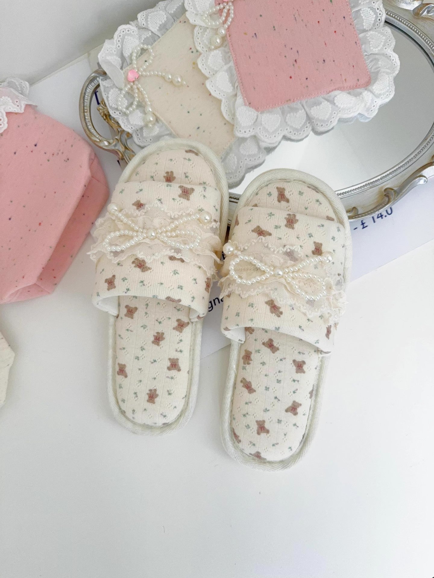 Coquette Teddy and Pearly Lace Bows Slippers