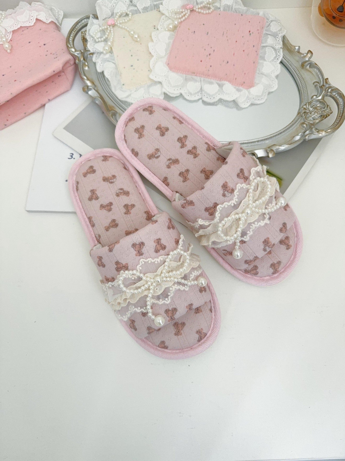 Coquette Teddy and Pearly Lace Bows Slippers