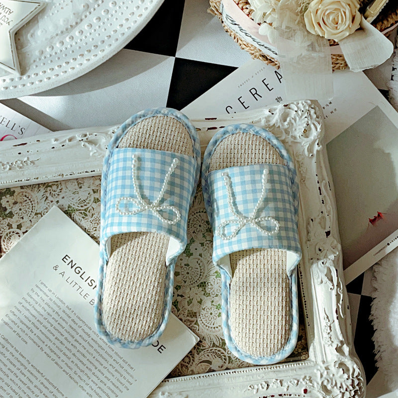 Coquette Vintage Check with Pearly Ribbon Slippers
