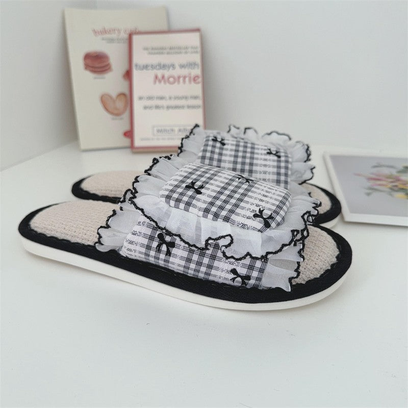 Dark Coquette Midnight Gingham Bow Slippers