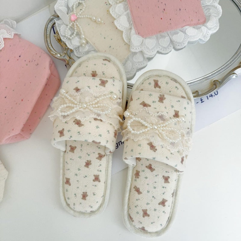 Coquette Teddy and Pearly Lace Bows Slippers