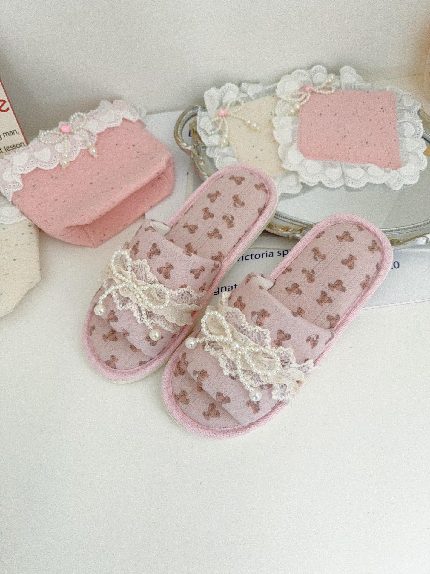 Coquette Teddy and Pearly Lace Bows Slippers