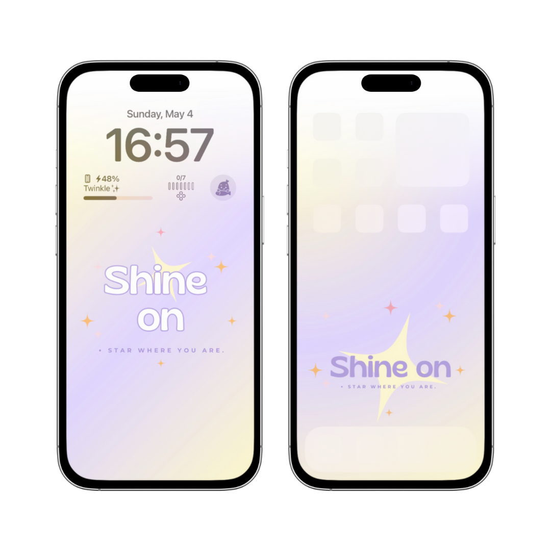 A phone wallpaper displaying the inspirational phrase 'Shine On,' set against a soft gradient background with twinkling stars, creating a dreamy and uplifting atmosphere.