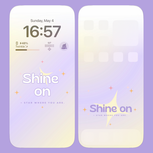 A phone wallpaper displaying the inspirational phrase 'Shine On,' set against a soft gradient background with twinkling stars, creating a dreamy and uplifting atmosphere.