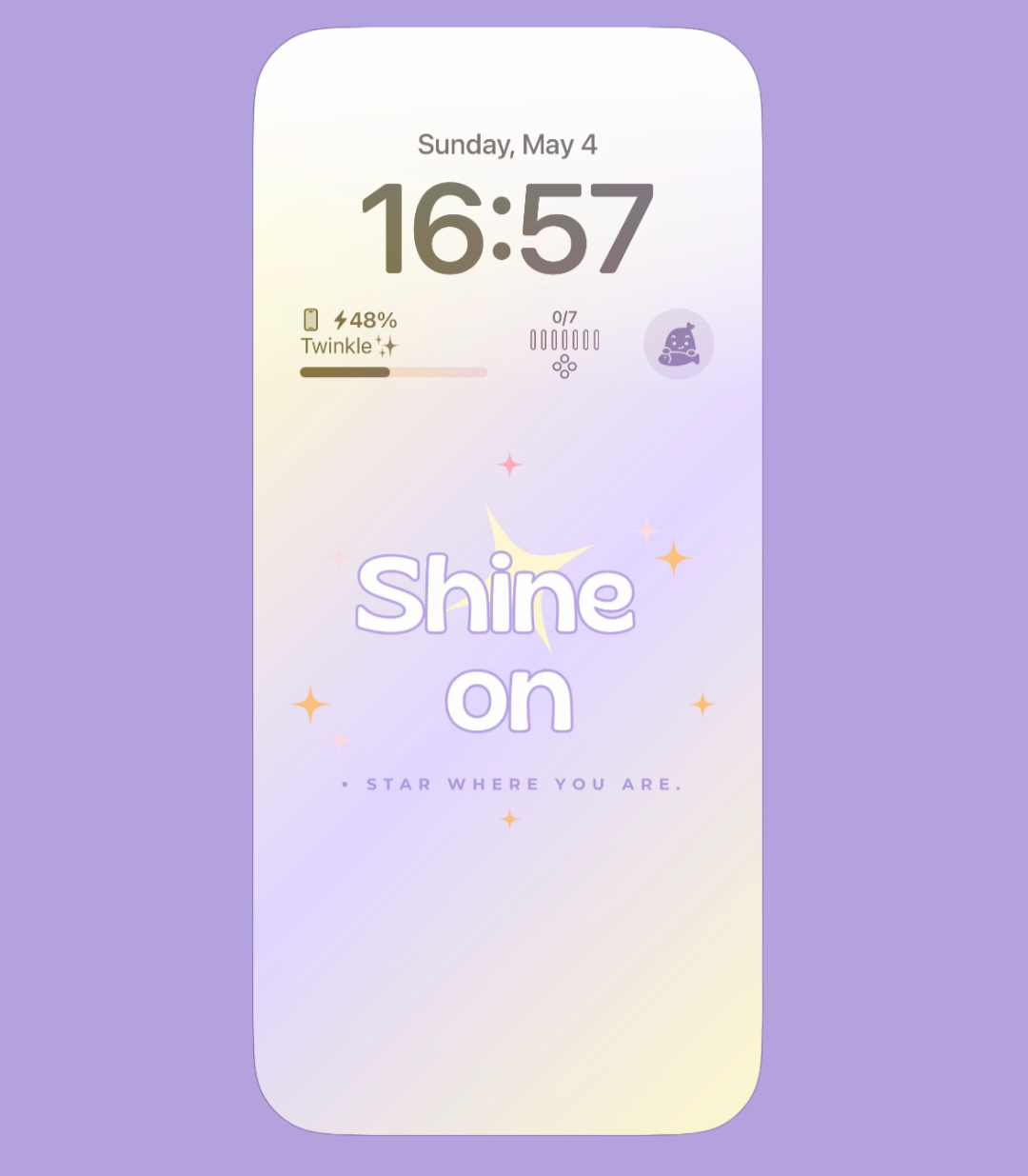 A phone wallpaper displaying the inspirational phrase 'Shine On,' set against a soft gradient background with twinkling stars, creating a dreamy and uplifting atmosphere.