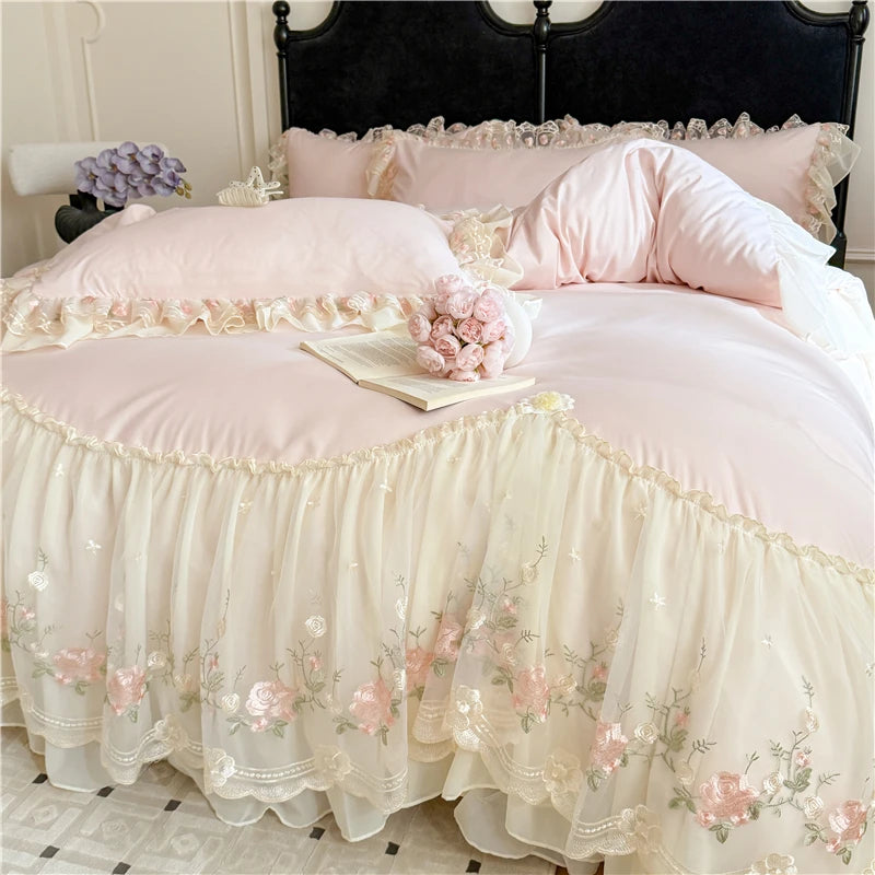 Coquette Dreamy Princess Lace Floral Embroidery Bedding Set 3