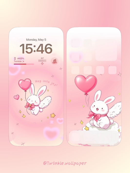 An enchanting wallpaper featuring a sweet pink bunny holding a heart, designed in a playful coquette style. This kawaii wallpaper adds a vibrant and feminine touch to your phone, perfect for anyone who loves cute aesthetics and bright colors.