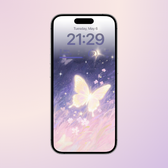 A charming purple and pink butterfly wallpaper that blends coquette and aura aesthetics. The design features butterflies fluttering against a dreamy pastel background, creating a whimsical and romantic atmosphere, perfect for those who embrace playful femininity.