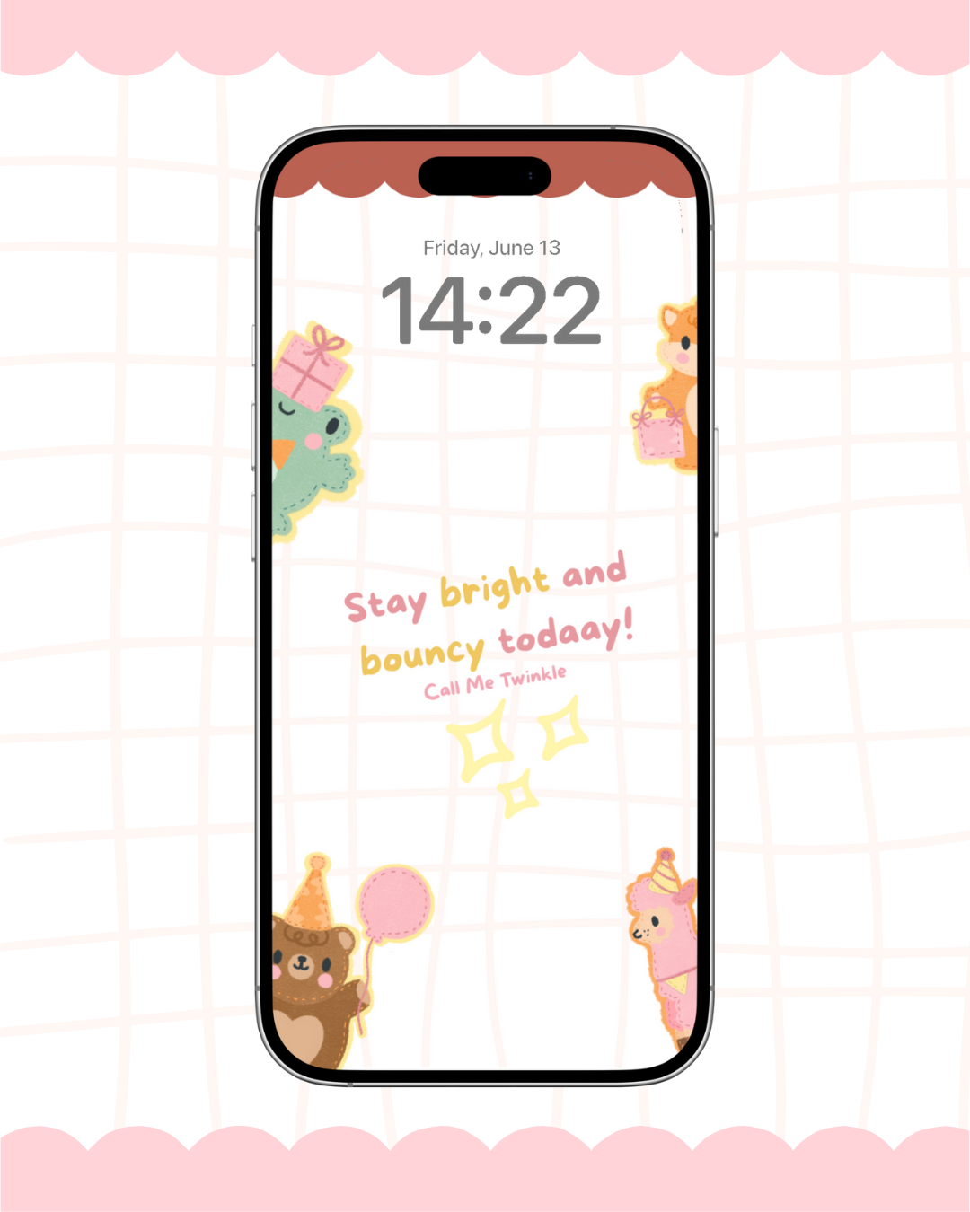 A delightful pink aesthetic wallpaper featuring a cheerful collection of adorable animals, including a bear, frog, and fox, each holding festive items. The design includes the uplifting text "Stay bright and bouncy today!" Perfect for adding a cozy, coquette touch to your device.