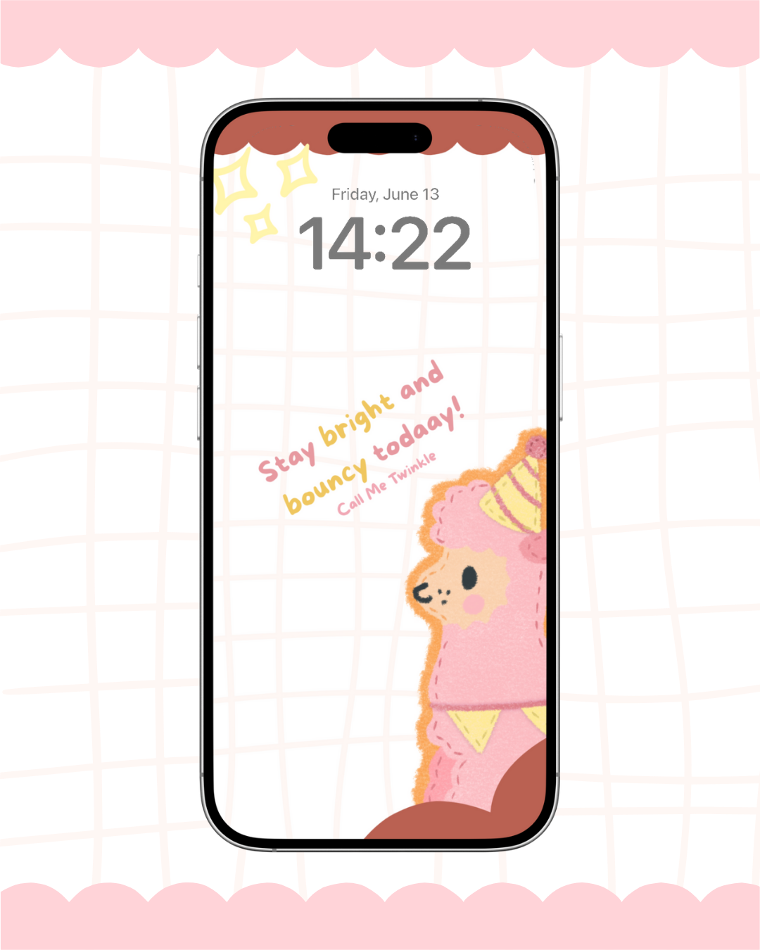 A charming pink aesthetic wallpaper featuring an adorable alpaca in a cute ice cream cone hat, with the cheerful text "Stay bright and bouncy today!" This delightful design adds a playful coquette touch to your device.