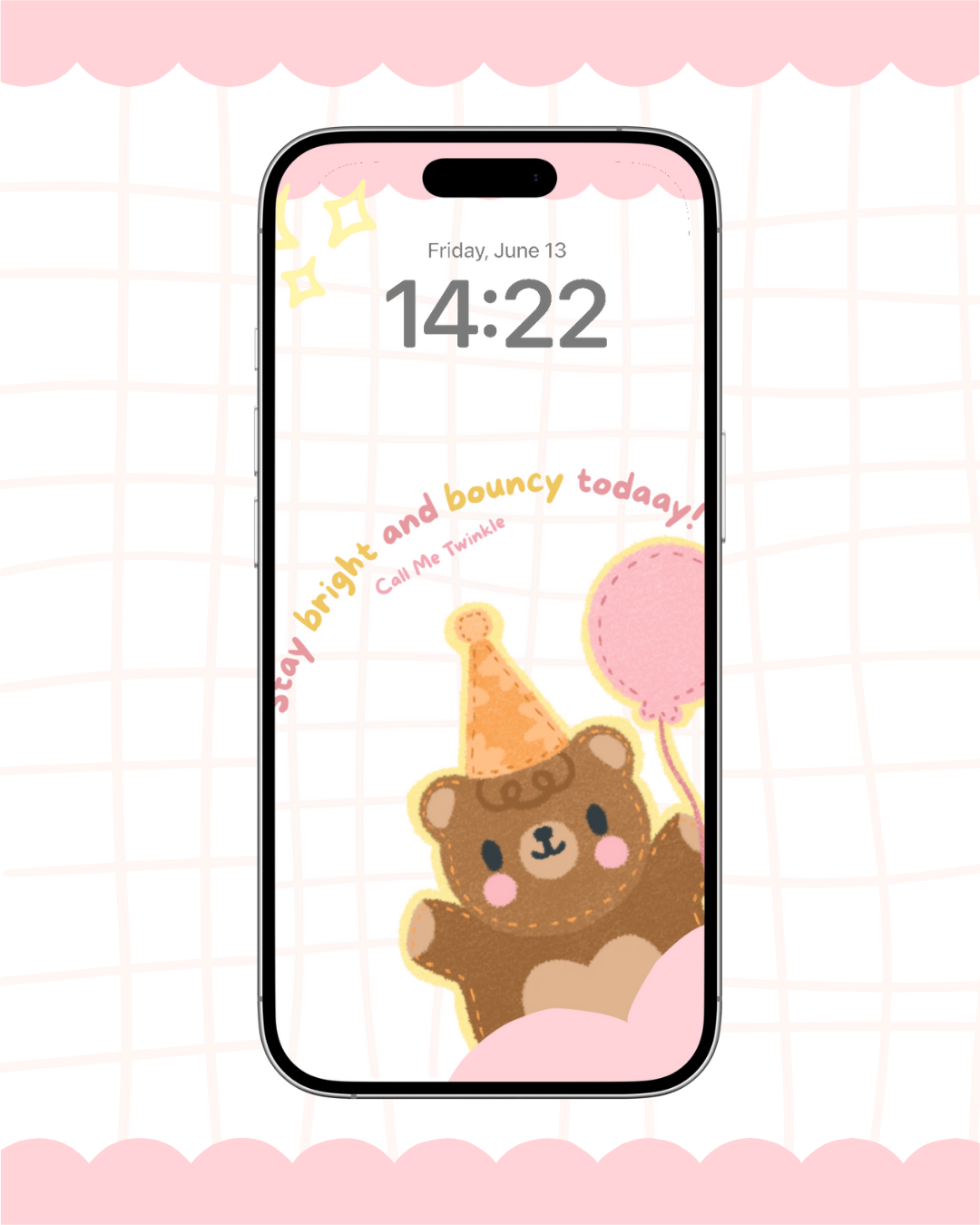 A playful pink aesthetic wallpaper featuring an adorable bear in a party hat holding a balloon, with the words "Stay bright and bouncy today!" Perfect for brightening up your device!