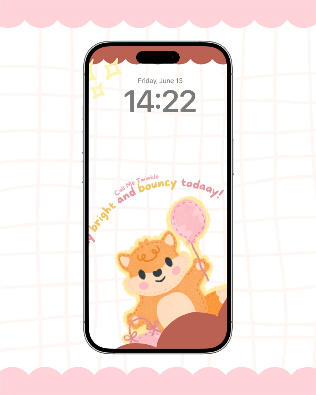 A delightful pink aesthetic wallpaper featuring an adorable fox holding a balloon, with the cheerful text "Stay bright and bouncy today!" This charming design adds a touch of coquette style to your device.