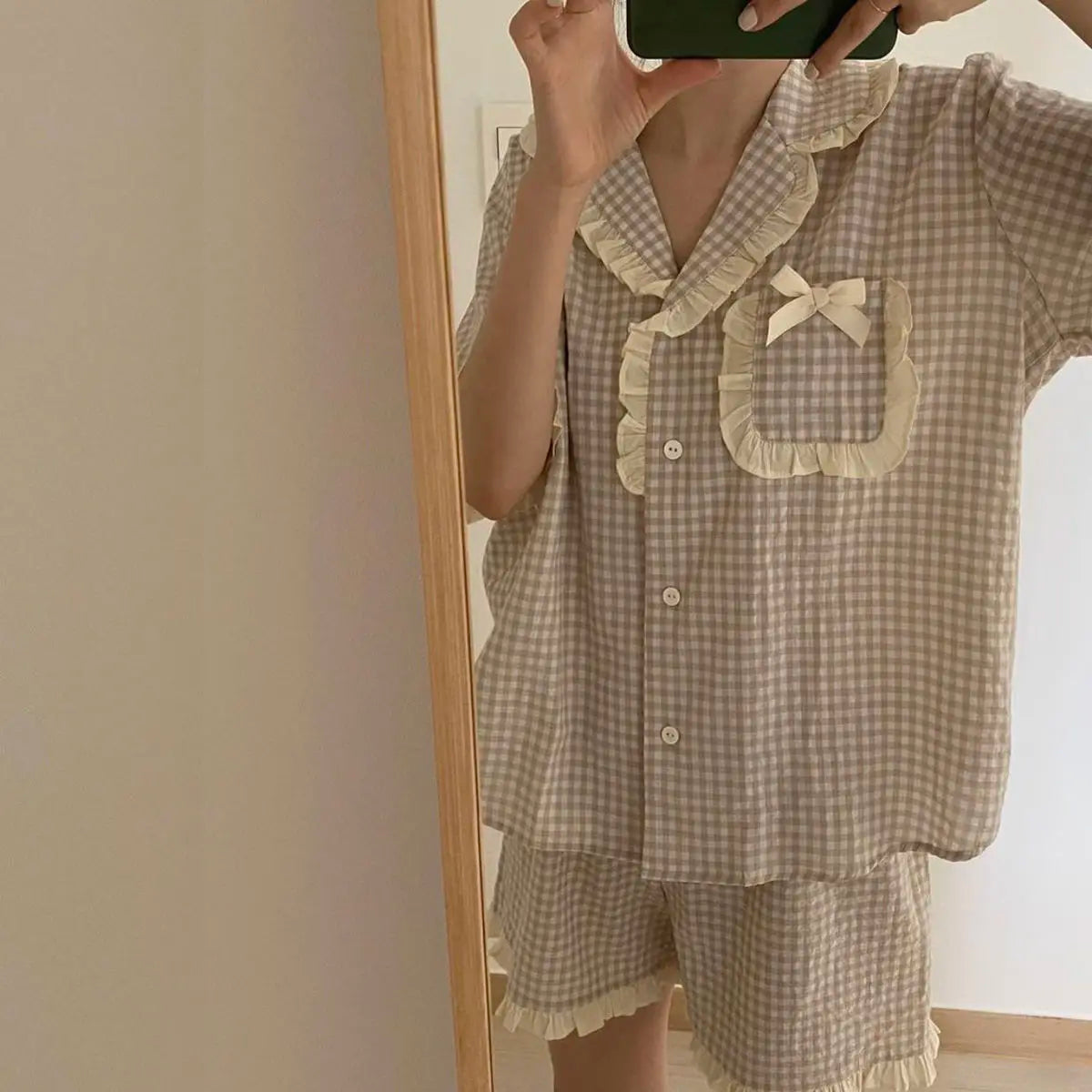 Charming Plaid Pajama Set with Ruffle Accents