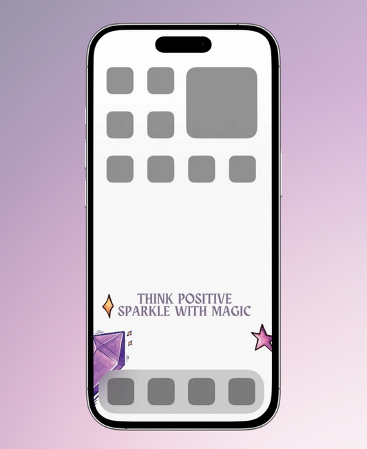 A colorful wallpaper displaying the phrase 'Think Positive, Sparkle with Magic,' adorned with whimsical crystal illustrations and a soft pastel aura, creating an uplifting and enchanting atmosphere.