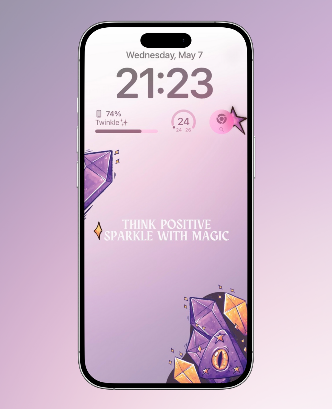 A colorful wallpaper displaying the phrase 'Think Positive, Sparkle with Magic,' adorned with whimsical crystal illustrations and a soft pastel aura, creating an uplifting and enchanting atmosphere.