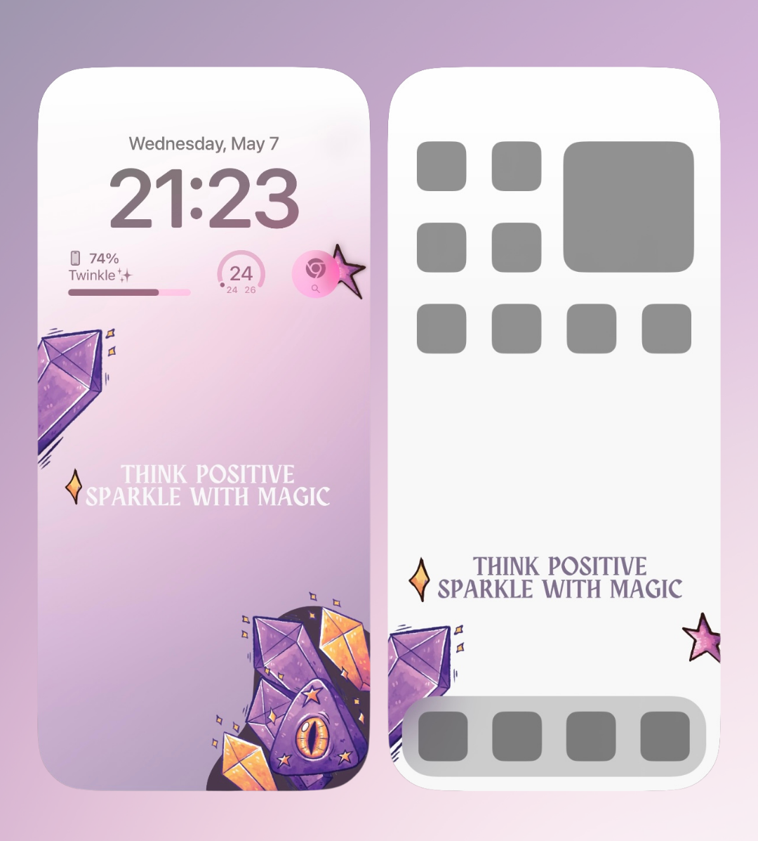 A colorful wallpaper displaying the phrase 'Think Positive, Sparkle with Magic,' adorned with whimsical crystal illustrations and a soft pastel aura, creating an uplifting and enchanting atmosphere.
