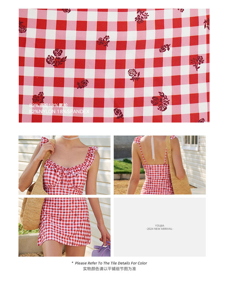 Sweet Plaid 3-Piece Swimsuit Set with Ruffle Trim