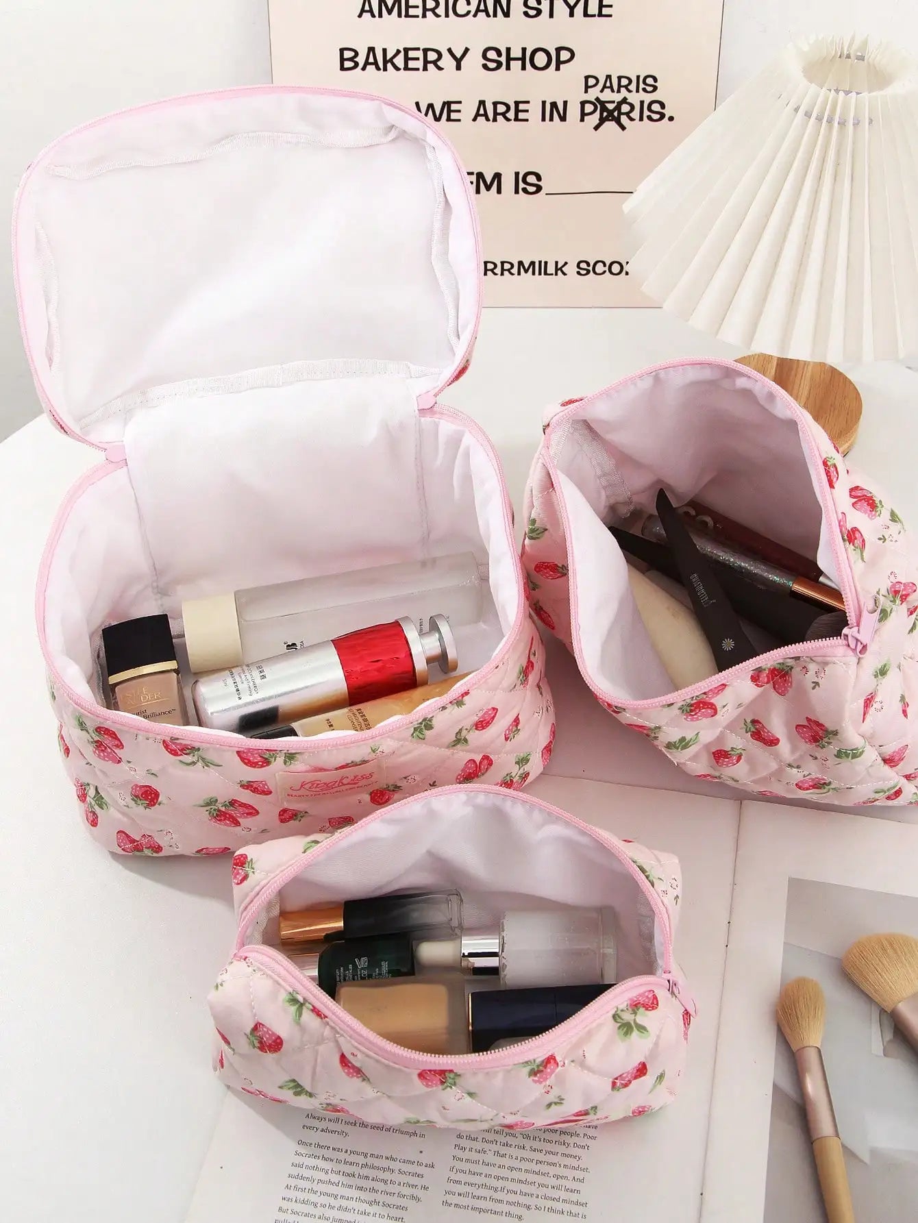 Coquette Pink Strawberry Quilted Makeup Bag