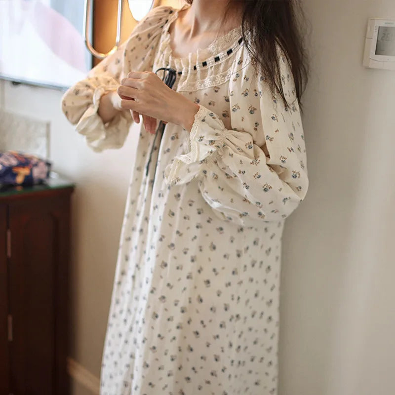 Floral Long Sleeve Nightgown with Ruffle Details