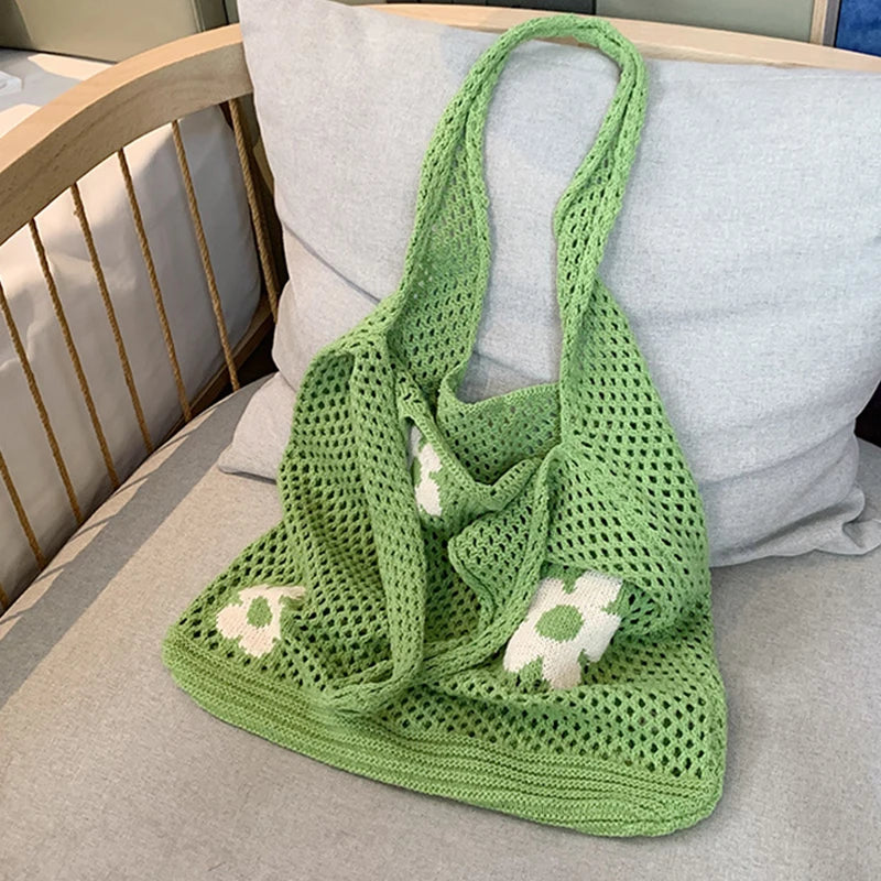 Sweet Flower Knitted Tote Bag