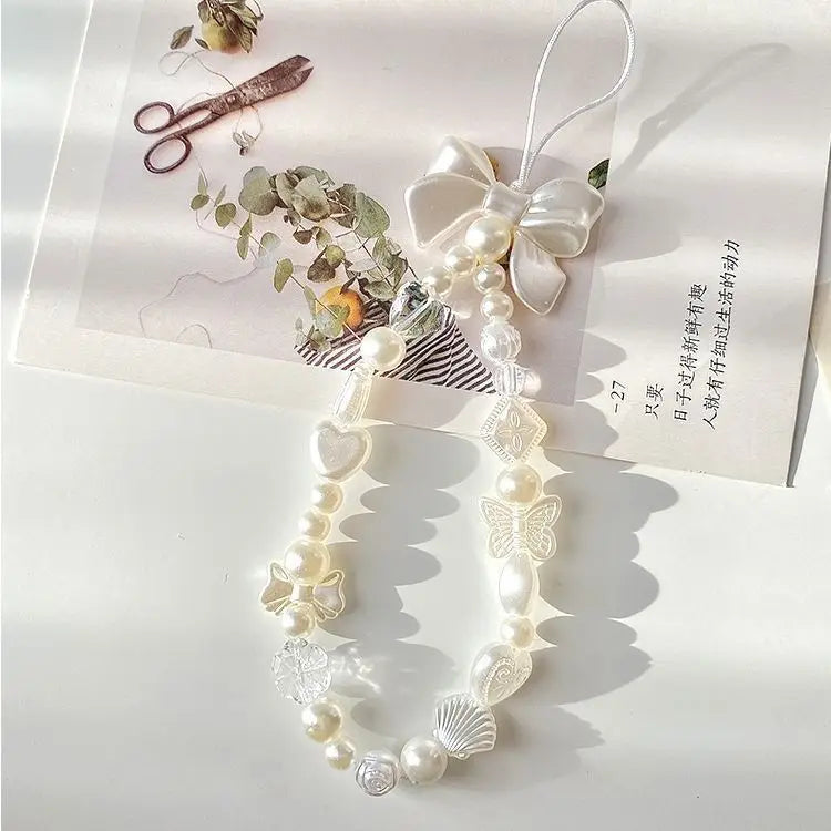 Coquette Sweet White Bow Beaded Phone Charm Lanyard