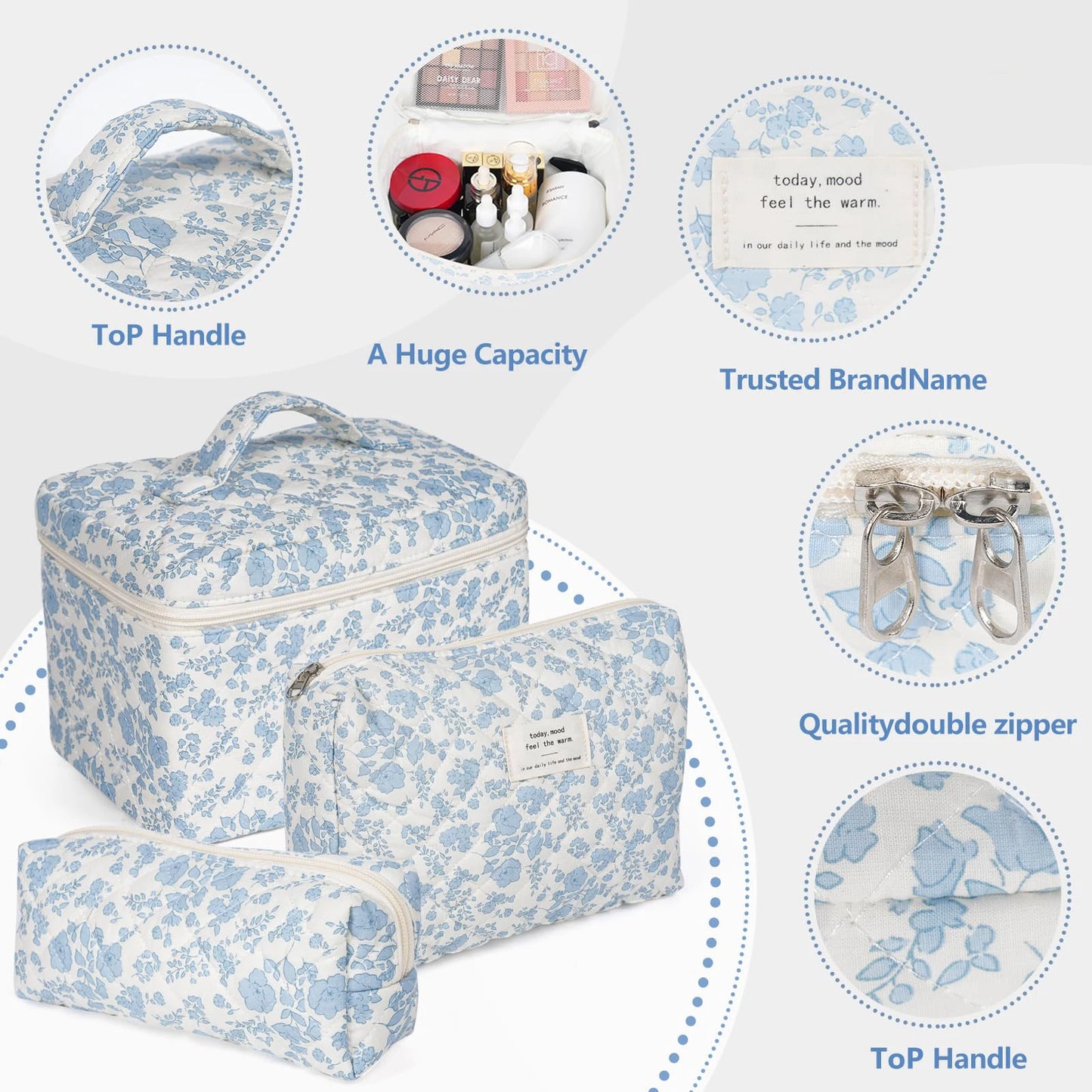 Cute Quilted Cotton Makeup Bag - Portable Zipper Cosmetic Organizer for Women and Girls