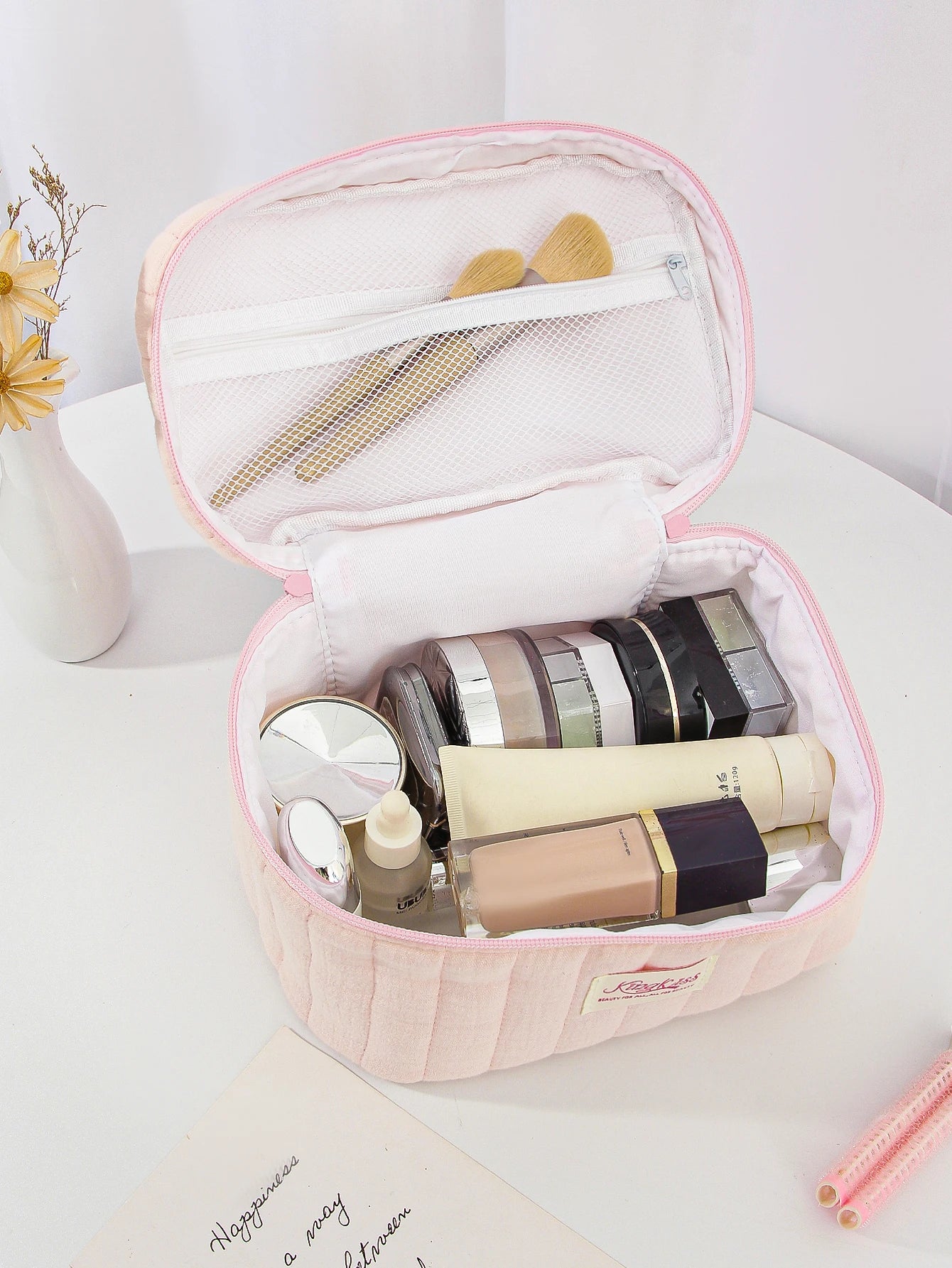 1pc/Set Pink Quilted Makeup Bag
