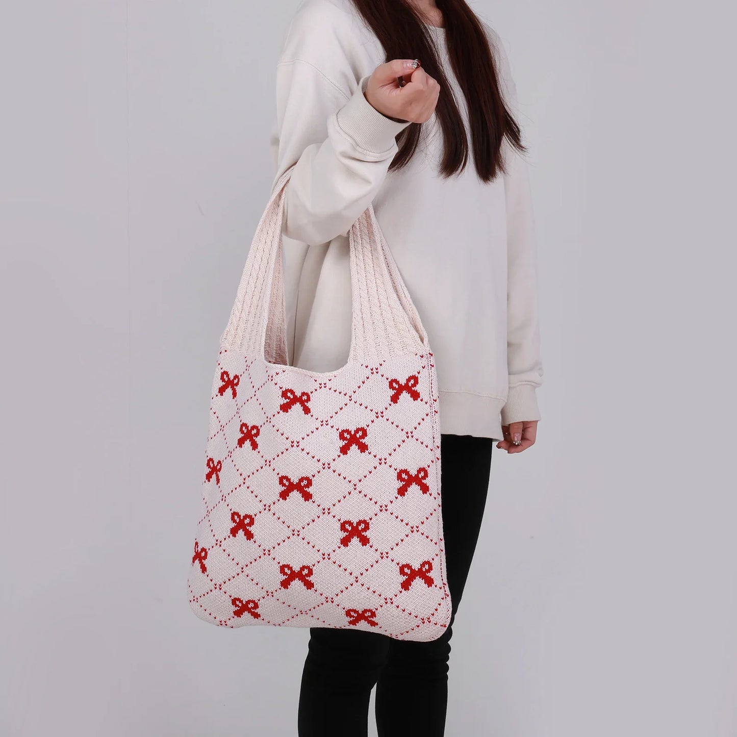 Charming Bow Knit Crochet Tote Bag