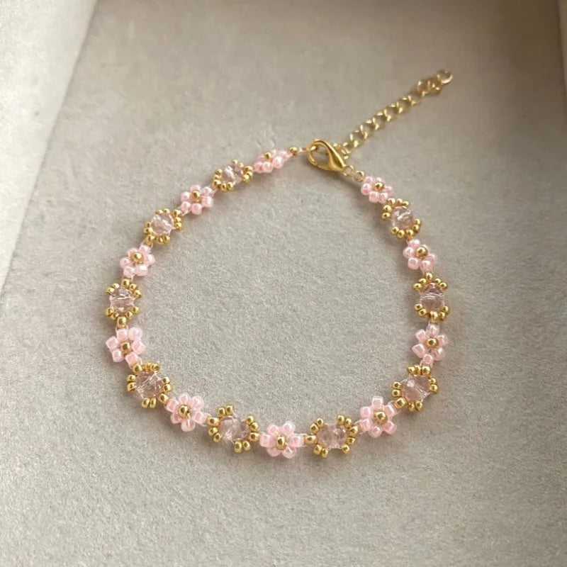 Coquette Pink Daisy Beaded Flower Bracelet