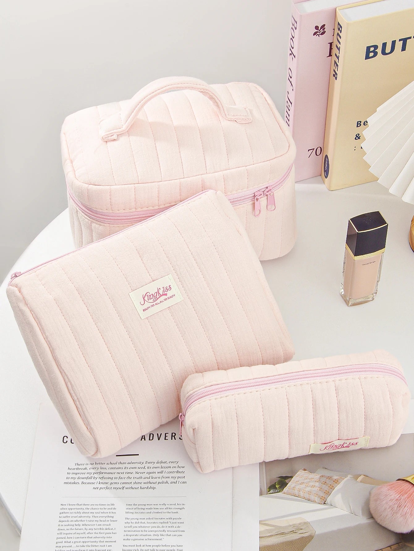 1pc/Set Pink Quilted Makeup Bag