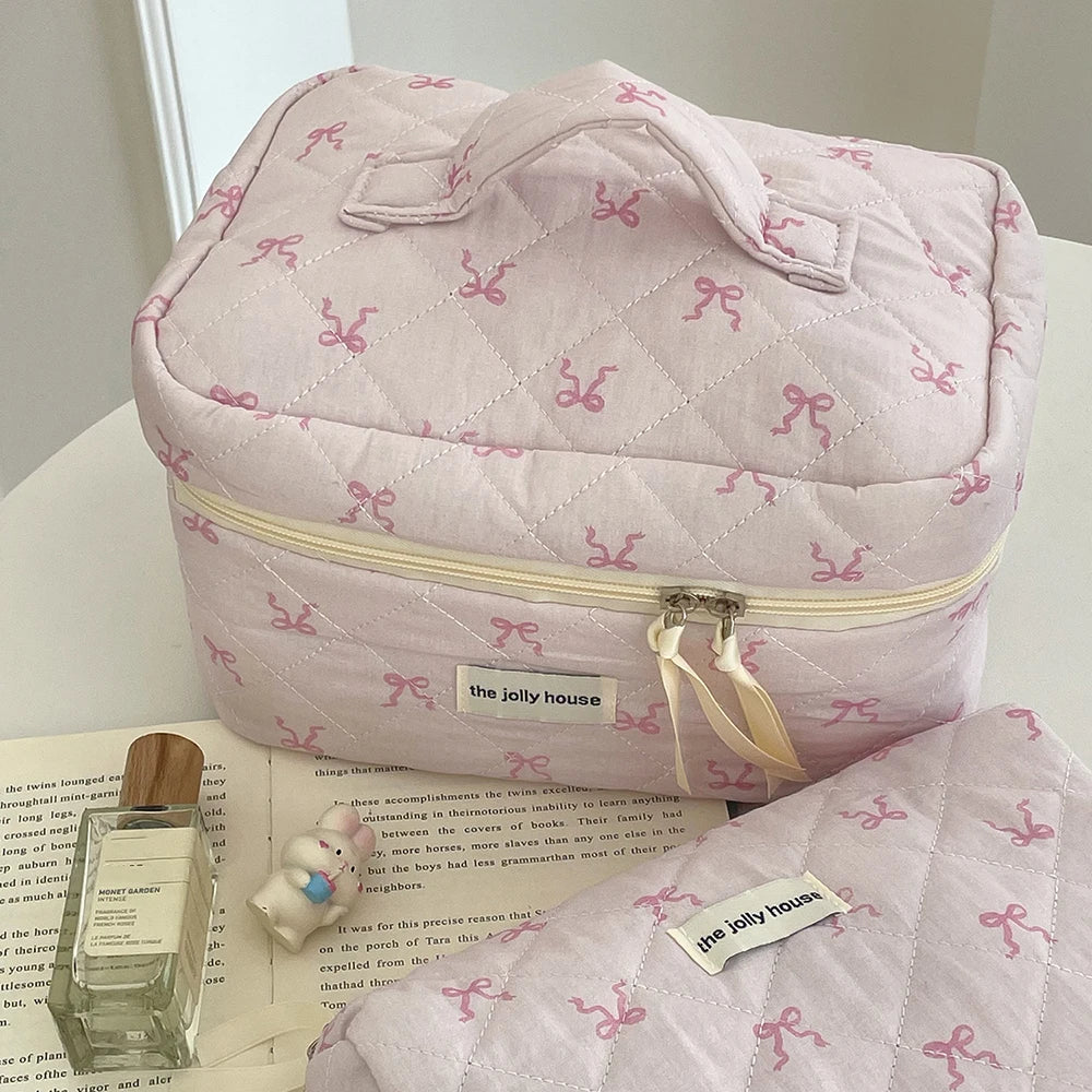 Coquette Pink Bowknot Quilted Cosmetic Bag