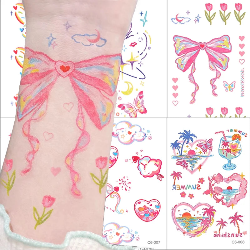 Cute Whimsical Heart and Bow Temporary Tattoo Set