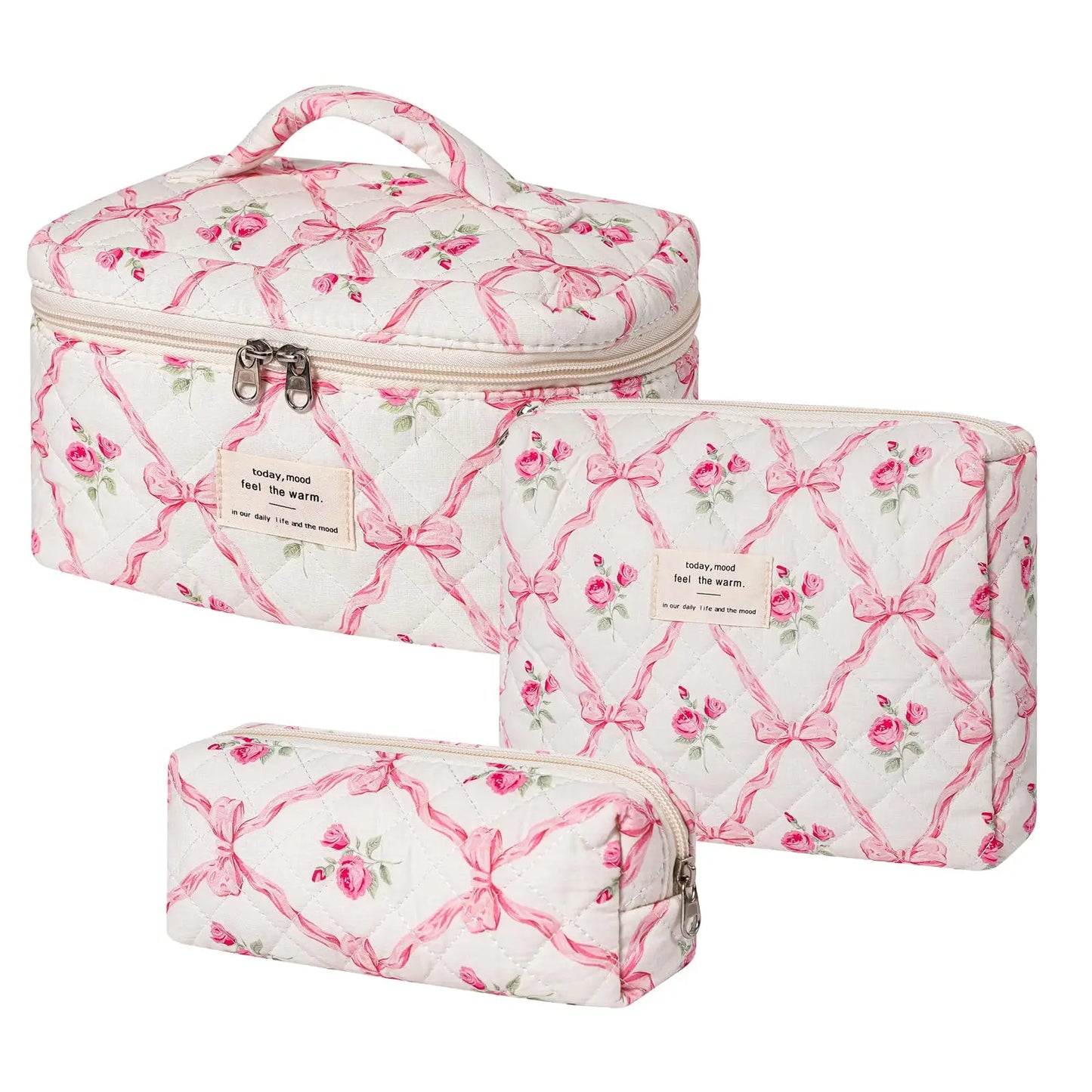 Cute Quilted Cotton Makeup Bag - Portable Zipper Cosmetic Organizer for Women and Girls