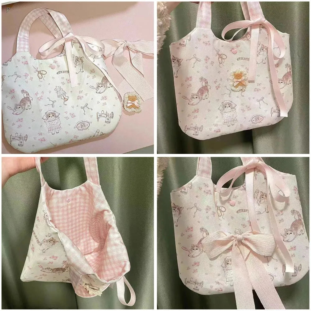 Charming Little Cat Print Canvas Tote Bag for Women