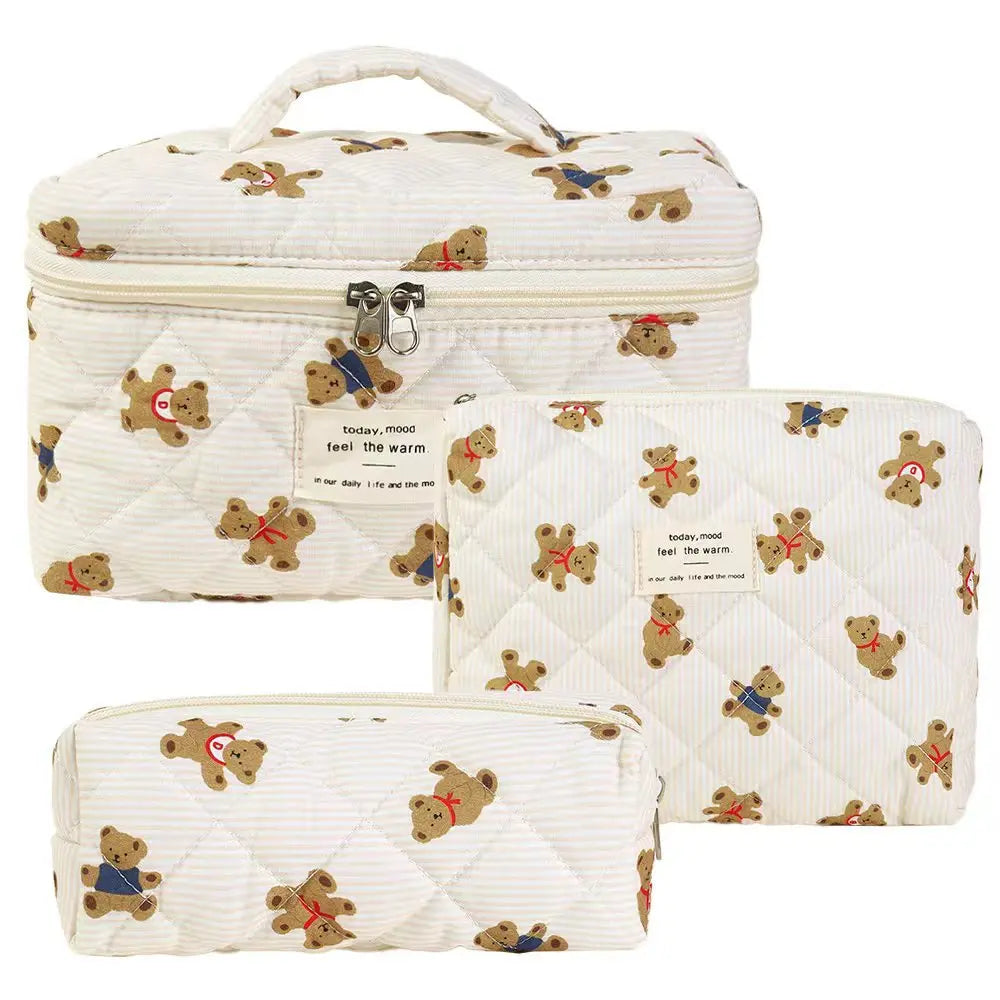 Cute Quilted Cotton Makeup Bag - Portable Zipper Cosmetic Organizer for Women and Girls