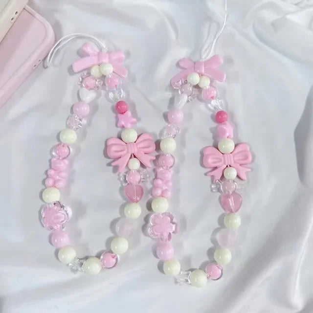 Coquette Pink Bowknot Beaded Phone Strap Set