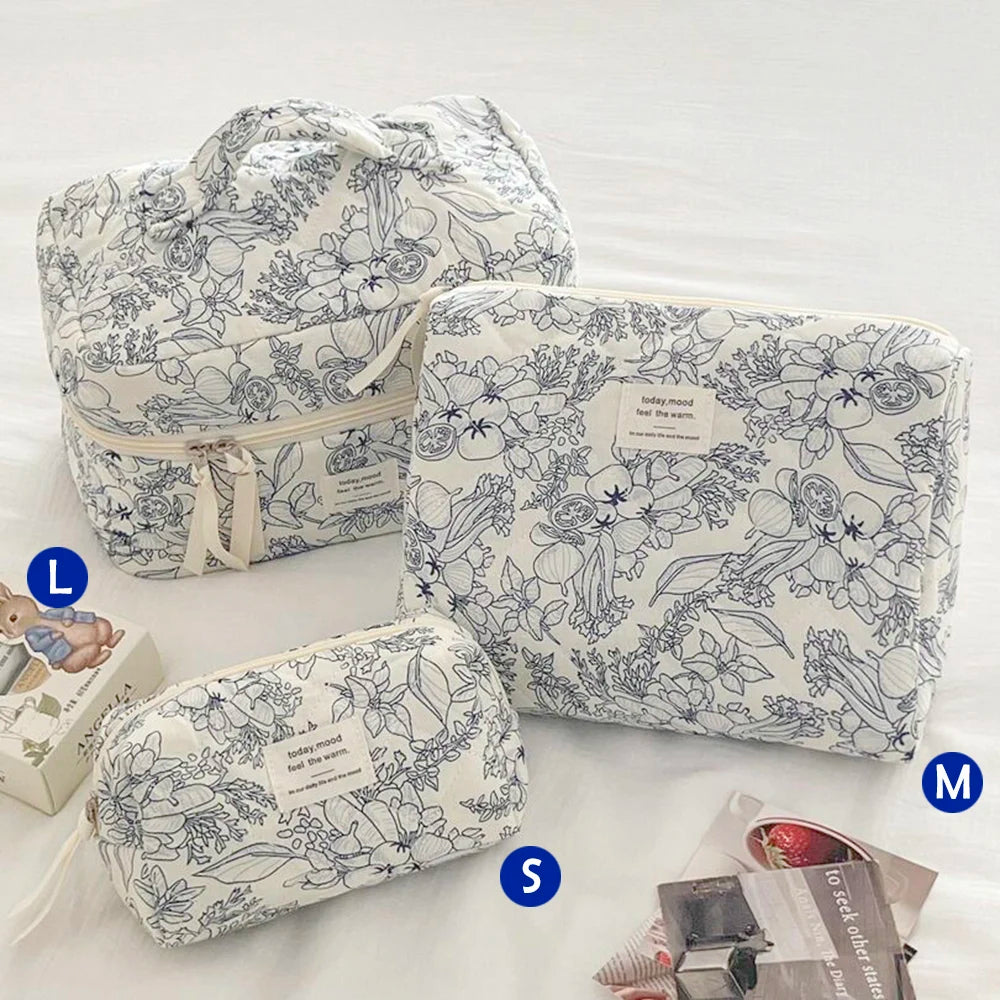 Cute Quilted Cotton Makeup Bag - Portable Zipper Cosmetic Organizer for Women and Girls