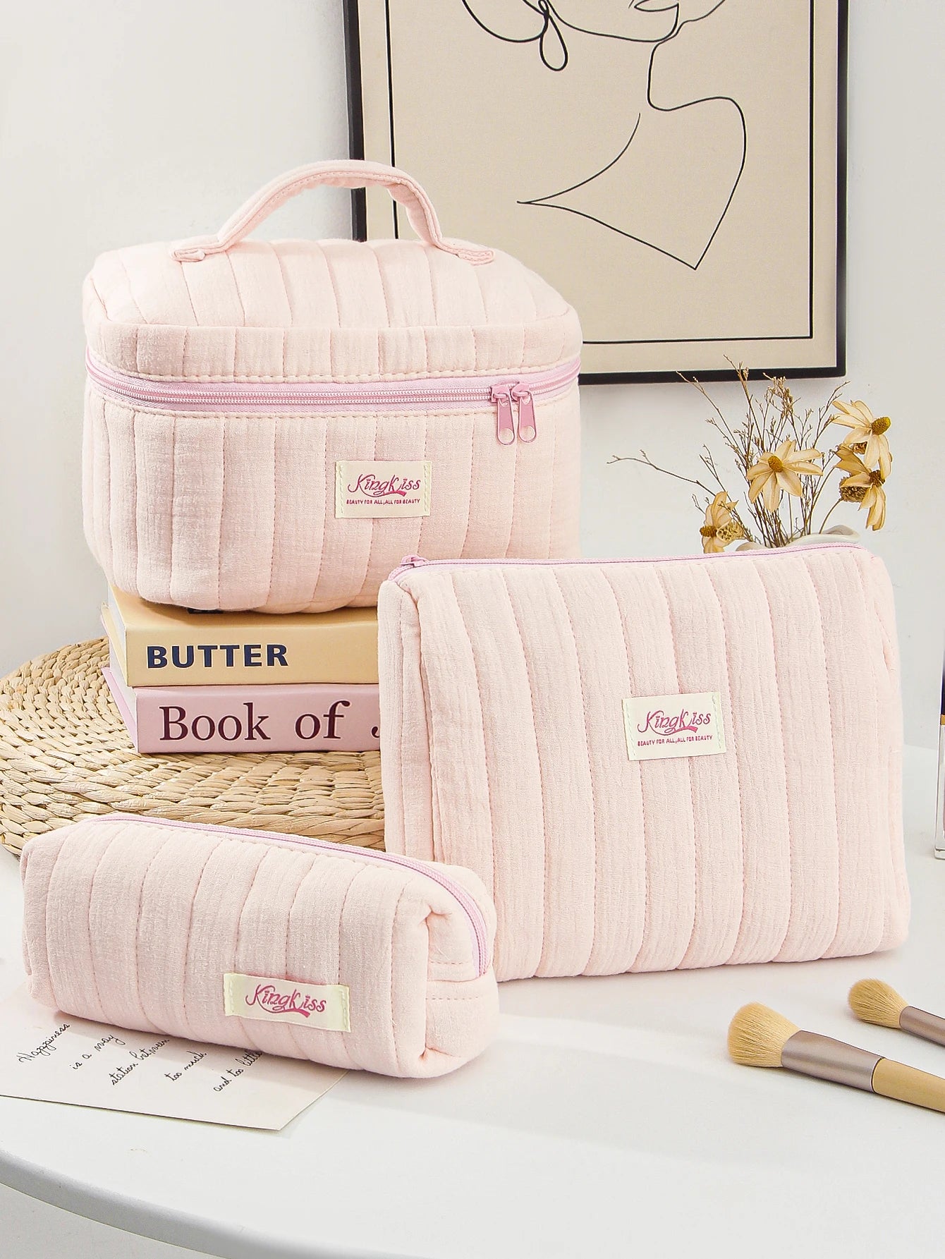1pc/Set Pink Quilted Makeup Bag