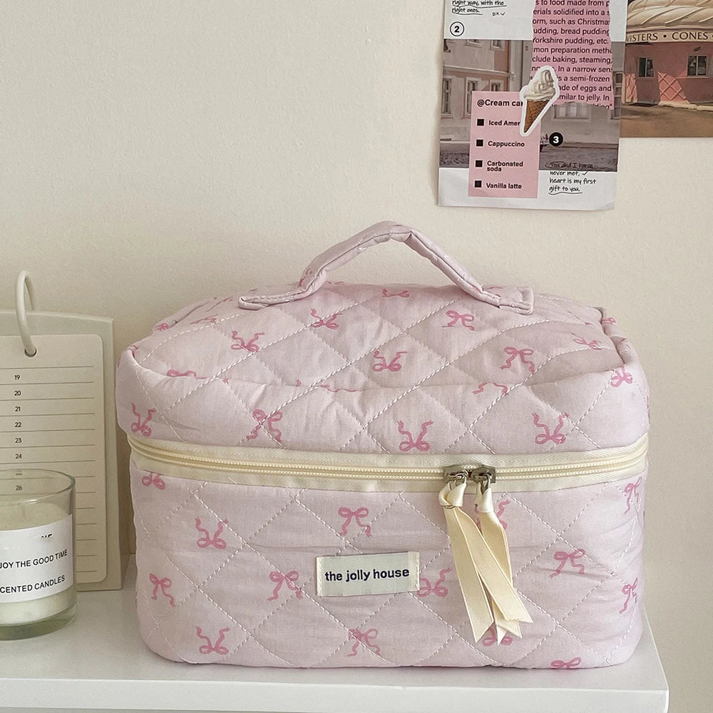 Coquette Pink Bowknot Quilted Cosmetic Bag