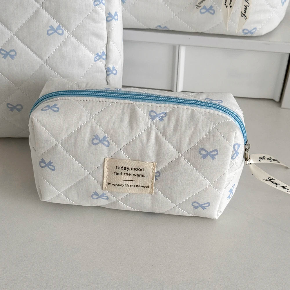 Fashion Blue Bow Quilted Women Cosmetic Bag