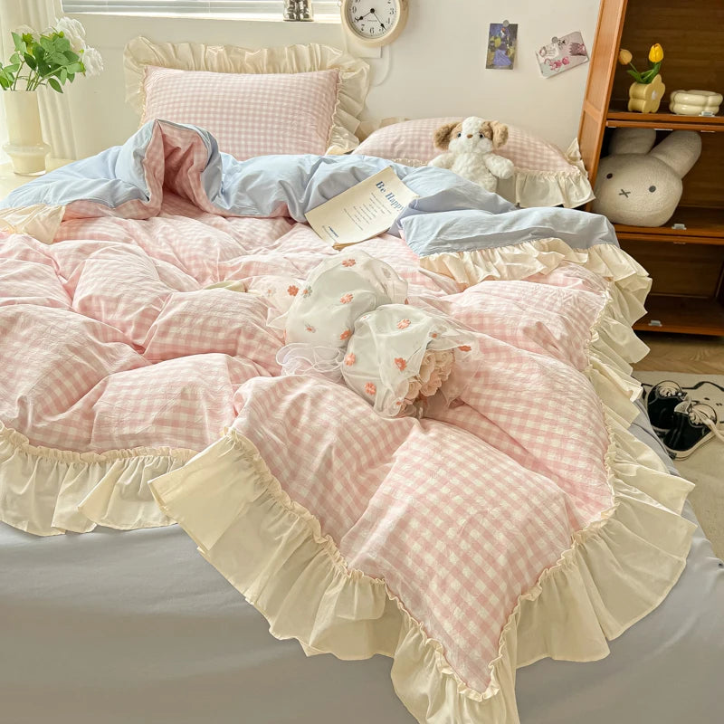 Cute Coquette Ruffled Pink & Gingham Bedding Set